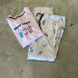 Life is Good Brew Crew Womens Pajama Set Top and Bottom Size Medium Coffee
